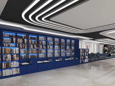 Modern Library Interior With Blue Bookshelves Curved Ceiling Light Strips And White Floor 3d model