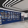 Modern Library Interior With Blue Bookshelves Curved Ceiling Light Strips And White Floor