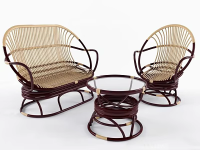 Rattan Sofa Chairs With Dark Frame And Round Glass Top Coffee Table Set 3d model