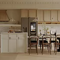 Modern Light Toned Kitchen With Wooden Cabinets White Island Refrigerator And Dining Chairs
