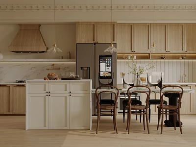 Modern Light Toned Kitchen With Wooden Cabinets White Island Refrigerator And Dining Chairs 3d model