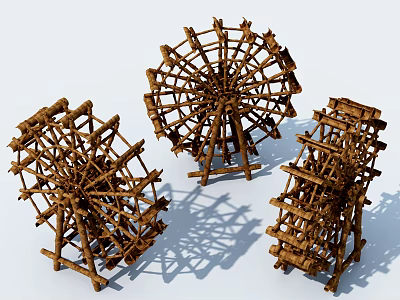 Decorative Rustic Wooden Watermill Garden Ornaments Featuring Three Distinct Designs 3d model