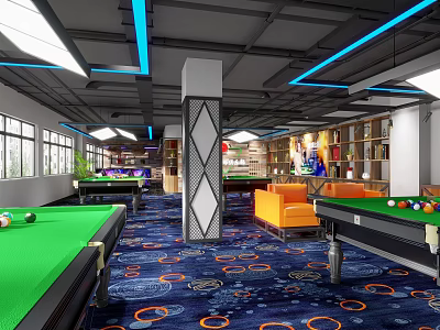 Spacious Billiard Room Interior With Multiple Pool Tables Green Felt Orange Sofas And Blue Carpet 3d model