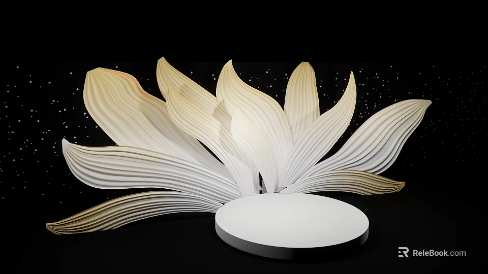 White And Gold Lotus Shaped Sculpture Photo Spot With Round Base And Black Starry Background 3d model 