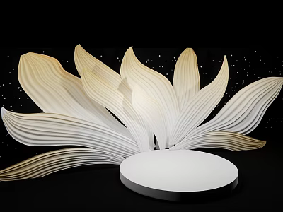 White And Gold Lotus Shaped Sculpture Photo Spot With Round Base And Black Starry Background 3d model