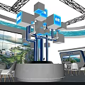 Exhibition Island Featuring Large Display Screens and Landscape Views with Green Plant