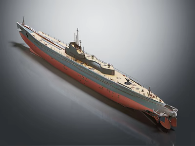 Detailed Warship Model with Red Bottom Gray Upper Hull and Intricate Deck Details 3d model