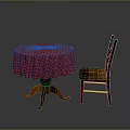 Round Dining Table With Red Plaid Tablecloth And Wooden Chair In Gray Background
