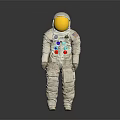 Human Astronaut In White Spacesuit With Gold Helmet And Colorful Buttons Against Gray Gradient Background