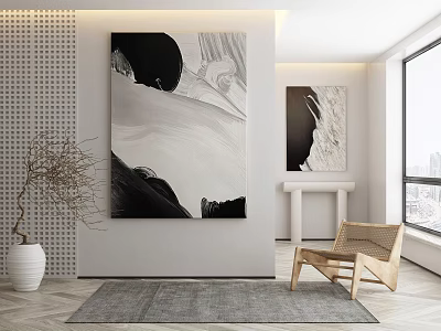 Modern Interior Design With Black White Abstract Paintings Wicker Chair And Gray Rug 3d model