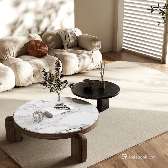 Round Coffee Tables With White Marble And Black Tops Wooden Legs Living Room Natural Light 3d model 