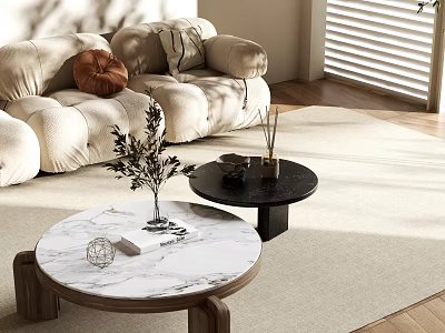 Round Coffee Tables With White Marble And Black Tops Wooden Legs Living Room Natural Light 3d model
