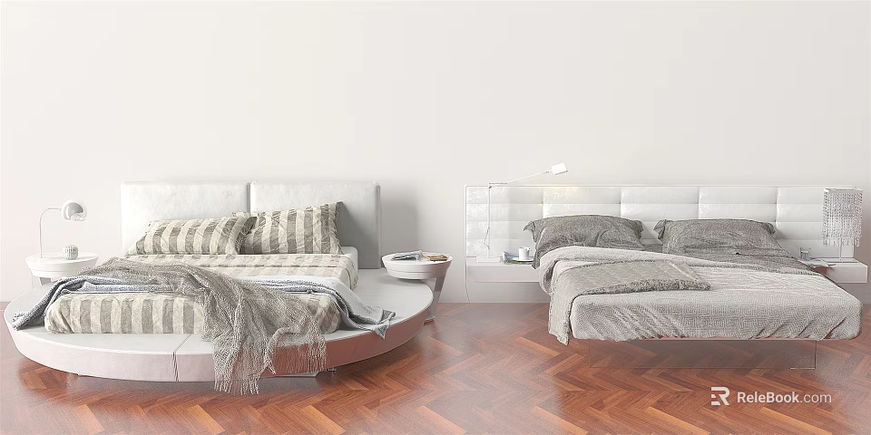 Modern Double Bed Design With Upholstered Headboard Striped Pillows And Herringbone Wooden Floor 3d model 
