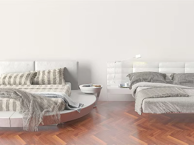 Modern Double Bed Design With Upholstered Headboard Striped Pillows And Herringbone Wooden Floor 3d model