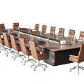 Modern Office Conference Table With Rectangular Wooden Top And Brown Leather Rolling Chairs 3d model