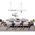 Modern Rectangular Dining Table Set with Six Chairs Vase and Pendant Light on Area Rug 3d model