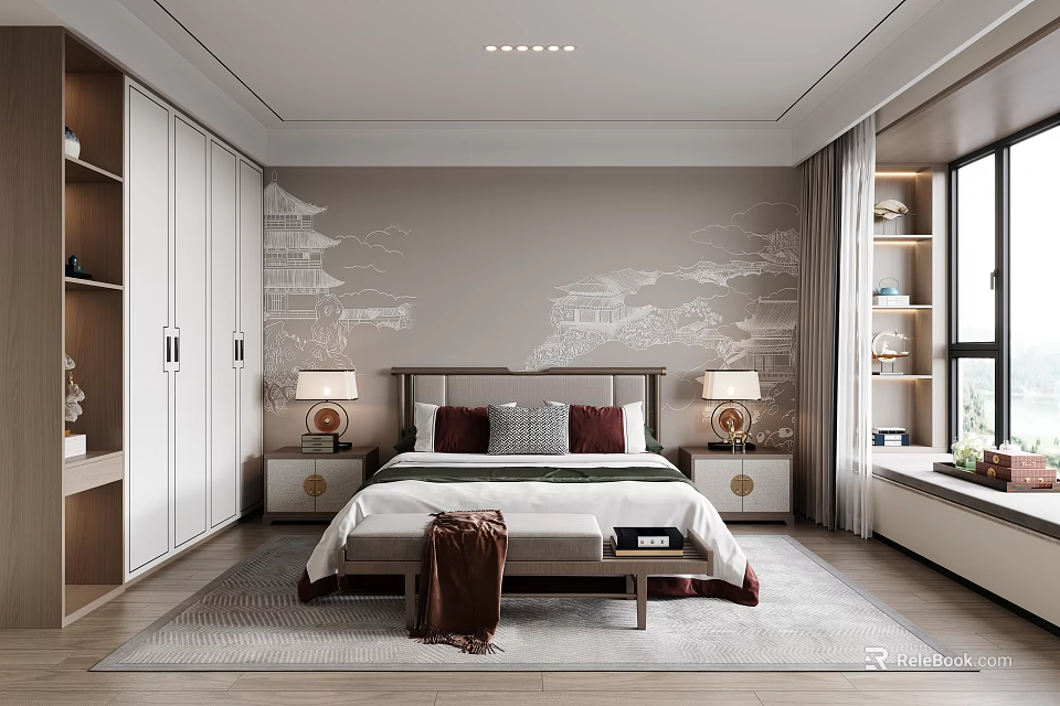 Modern Bedroom Interior Design With Bed Nightstands Table Lamps Accent Wall And Wardrobes 3d model 