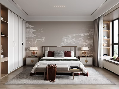Modern Bedroom Interior Design With Bed Nightstands Table Lamps Accent Wall And Wardrobes 3d model