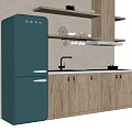Modern Kitchen Interior With Wooden Cabinets Blue Refrigerator Sink And Shelf