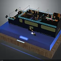 Detailed Scale Model Display With Black Structure Blue Base Wooden Frame And People Figures