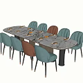 Marble Rectangular Dining Table Set With Light Blue And Brown Chairs And Dinnerware 3d model