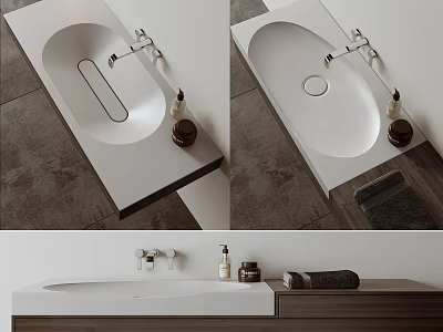 Modern White Ceramic Bathroom Washbasin With Faucet Toiletries And Towel On Wooden Vanity 3d model