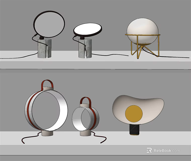 Modern Table Lamps With Various Designs Including Circular Spherical Leaf Shaped And Red Handle 3d model 