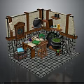 Medieval Kitchen Scene With Stone Walls Wooden Frames Table Chair Cauldron Shelf And Stone Tiles
