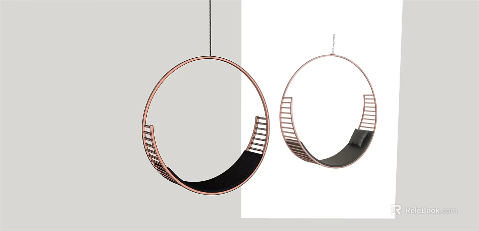 Modern Circular Hanging Chair With Metal Frame And Black Cushion For Indoor Use 3d model 