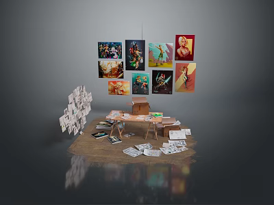 Creative Desk Setup With Scattered Papers And Framed Photos On Gray Background 3d model