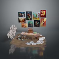Creative Desk Setup With Scattered Papers And Framed Photos On Gray Background 3d model