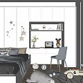 Tatami Bedroom Interior With Bed Desk Chair Window And Decorative Stars Rug