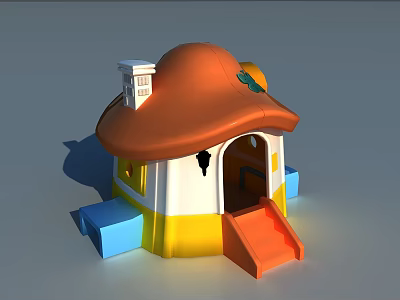 Cartoon Mushroom Playhouse With Orange Roof Yellow Body Blue Blocks And Slide 3d model