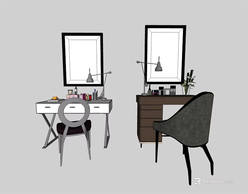 Modern White And Dark Dressing Tables With Mirrors Drawers Lamps Cosmetics Chairs And Plants 3d model 