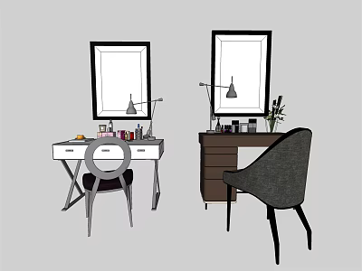 Modern White And Dark Dressing Tables With Mirrors Drawers Lamps Cosmetics Chairs And Plants 3d model