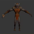 Fierce Ape Like Monster Character With Orange Red Armor And Skull Weapon In