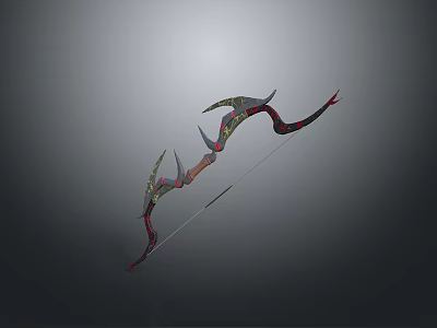 Decorative Bow Weapon with Intricate Patterns Curved Design Red Green Accents and Arrow 3d model