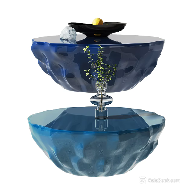 Blue Double Layer Coffee Table With Transparent Glass And Green Plant Vase 3d model 