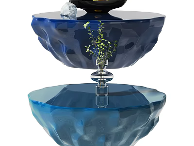 Blue Double Layer Coffee Table With Transparent Glass And Green Plant Vase 3d model