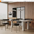 Modern Dining Table Set With Black Chairs Wooden Walls Pendant Lights And Kitchen Appliances