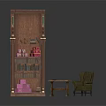Classic Brown Wooden Bookshelf With Small Table And Green Armchair Books And Pink Boxes