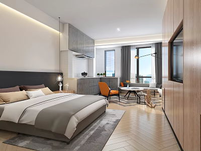 Modern Apartment Interior Design With Bedroom Wooden Flooring Window Table And Chairs 3d model