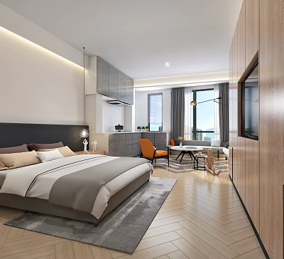 Modern Apartment Interior Design With Bedroom Wooden Flooring Window Table And Chairs 3d model