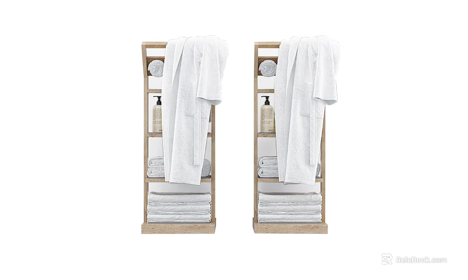 White Bathrobes On Wooden Bathroom Shelf With Folded Towels And Lotion Bottles 3d model 