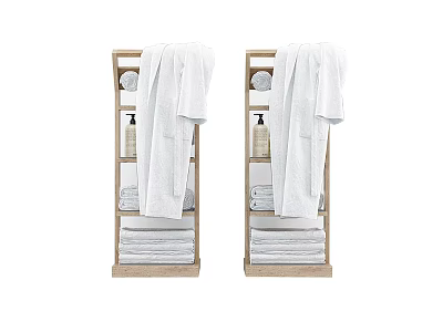 White Bathrobes On Wooden Bathroom Shelf With Folded Towels And Lotion Bottles 3d model