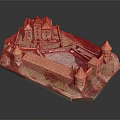 Medieval Castle Model Architecture with Red Roof Towers and Courtyard Design