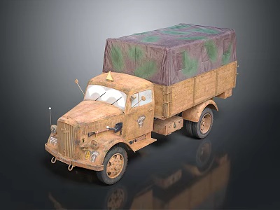 Vintage Old Truck Featuring Camouflage Tarpaulin Cover And Detailed Wheels Design 3d model