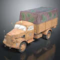 Vintage Old Truck Featuring Camouflage Tarpaulin Cover And Detailed Wheels Design