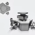 Hexagonal Office Desk With Multiple Blue Screen Monitors And Ergonomic Office Chairs