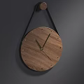 Round Wooden Wall Clock with Black Leather Strap Metal Rivets and Gray Wall Decor